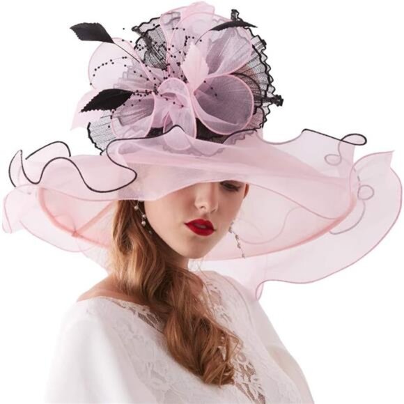 Women Organza Hat, Fascinator Hat Pink Black - Picture 1 of 7